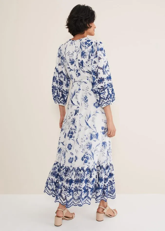 Abriella Floral Broderie Midi Dress Bluewhite Women Phase Eight Dresses