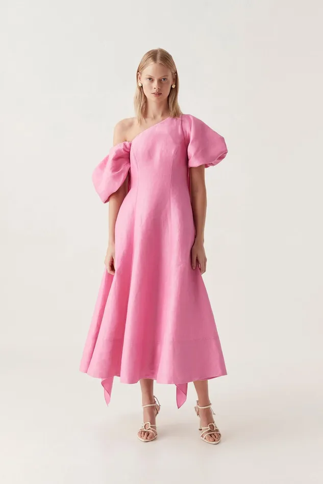 Aje Arista Tulip Sleeve Midi Dress Cerise Pink Women Dresses
