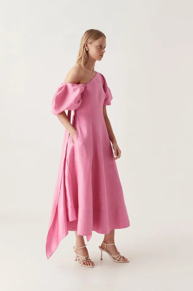 Aje Arista Tulip Sleeve Midi Dress Cerise Pink Women Dresses