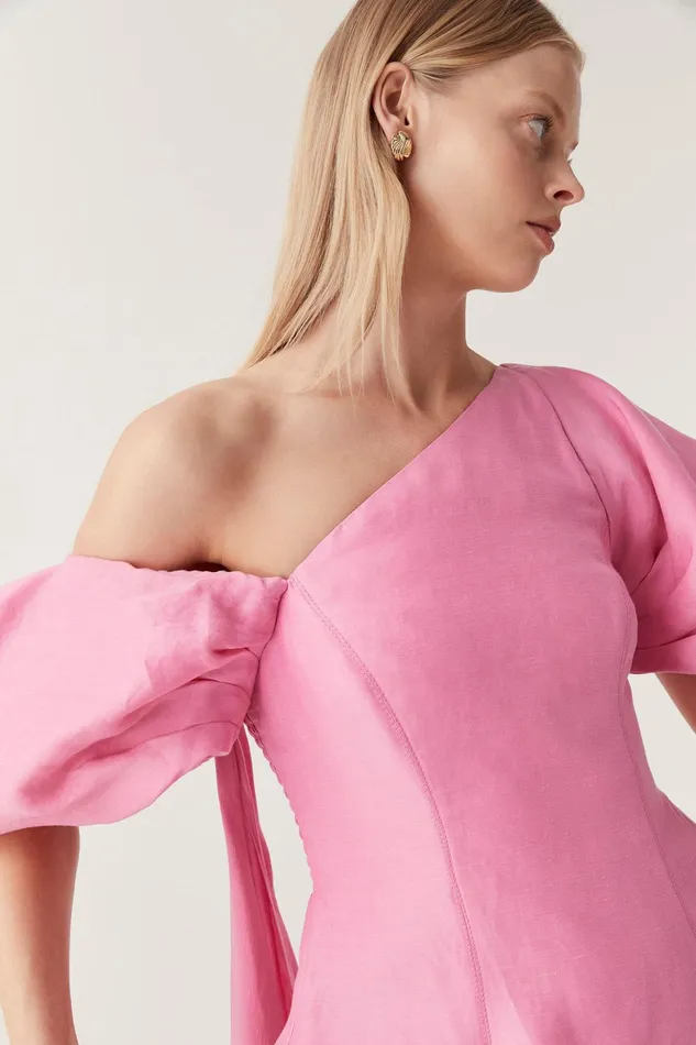 Aje Arista Tulip Sleeve Midi Dress Cerise Pink Women Dresses