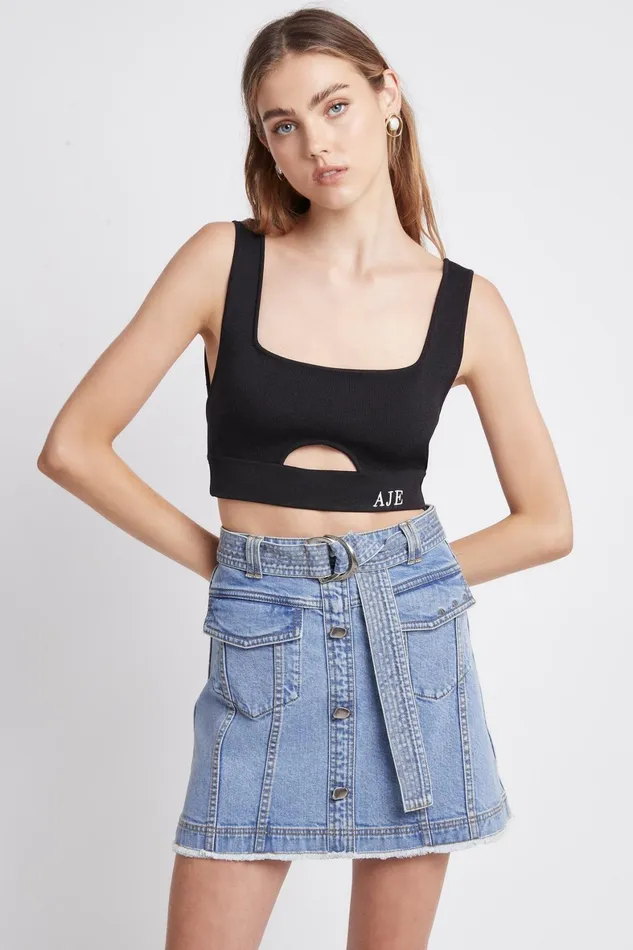 Aje Arlow Denim Mini Skirt Classic Wash Women Denim