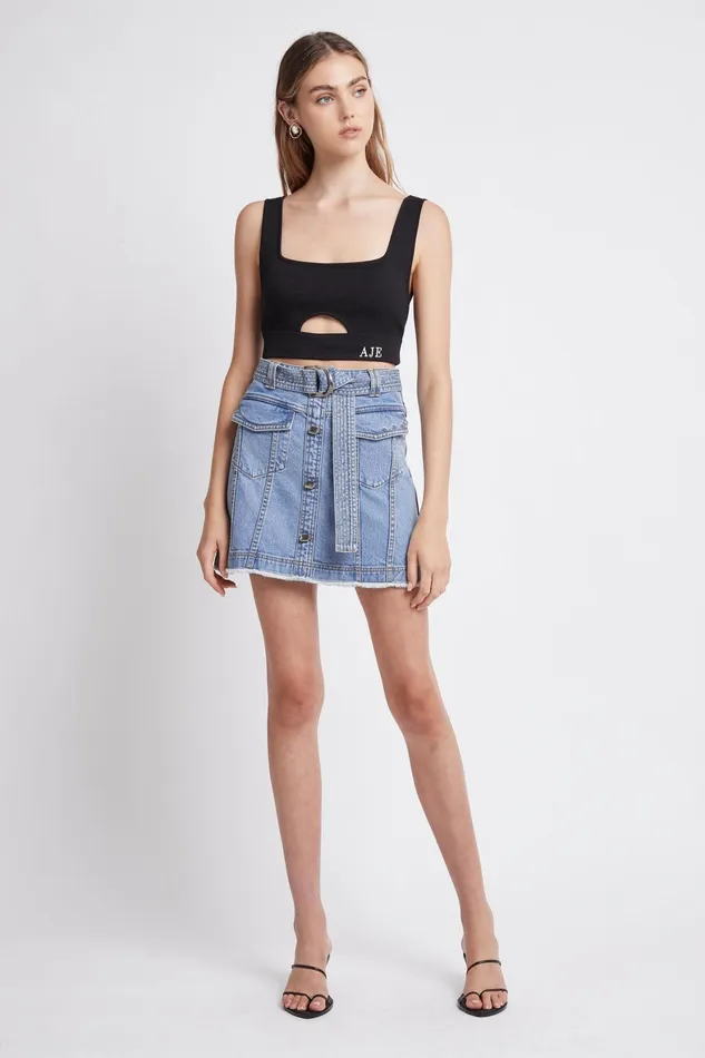 Aje Arlow Denim Mini Skirt Classic Wash Women Denim