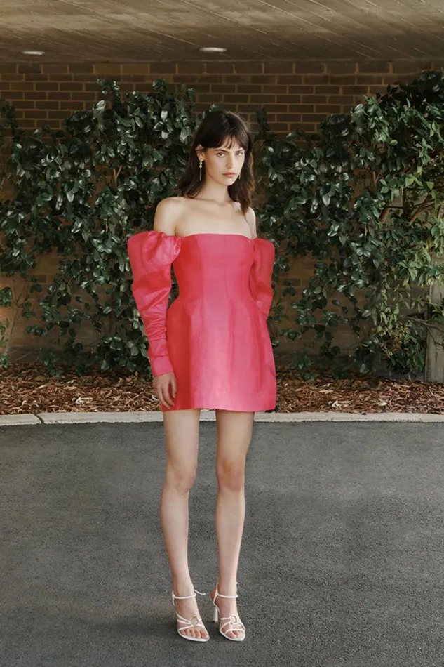 Aje Baret Sleeved Mini Dress Hot Pink Women Dresses