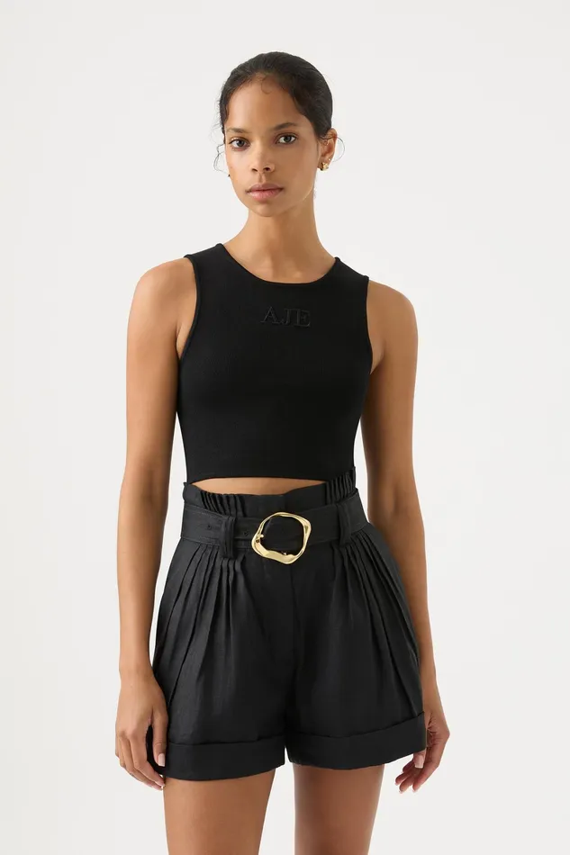 Aje Byblos Belted Linen Short Black Women Shorts