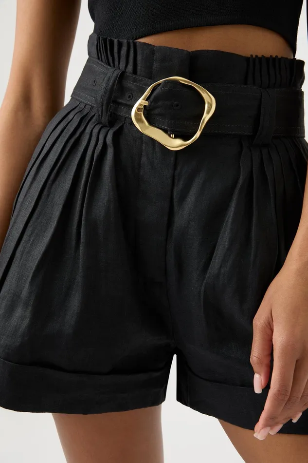 Aje Byblos Belted Linen Short Black Women Shorts