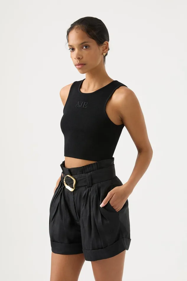 Aje Byblos Belted Linen Short Black Women Shorts