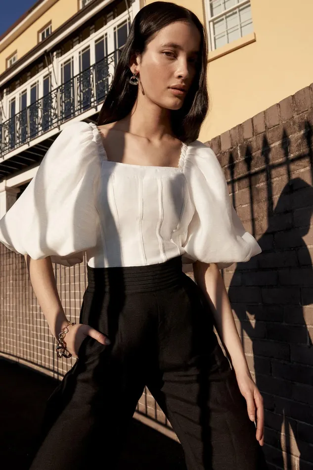 Aje Cecile Puff Sleeve Corset Top Ivory Women Tops
