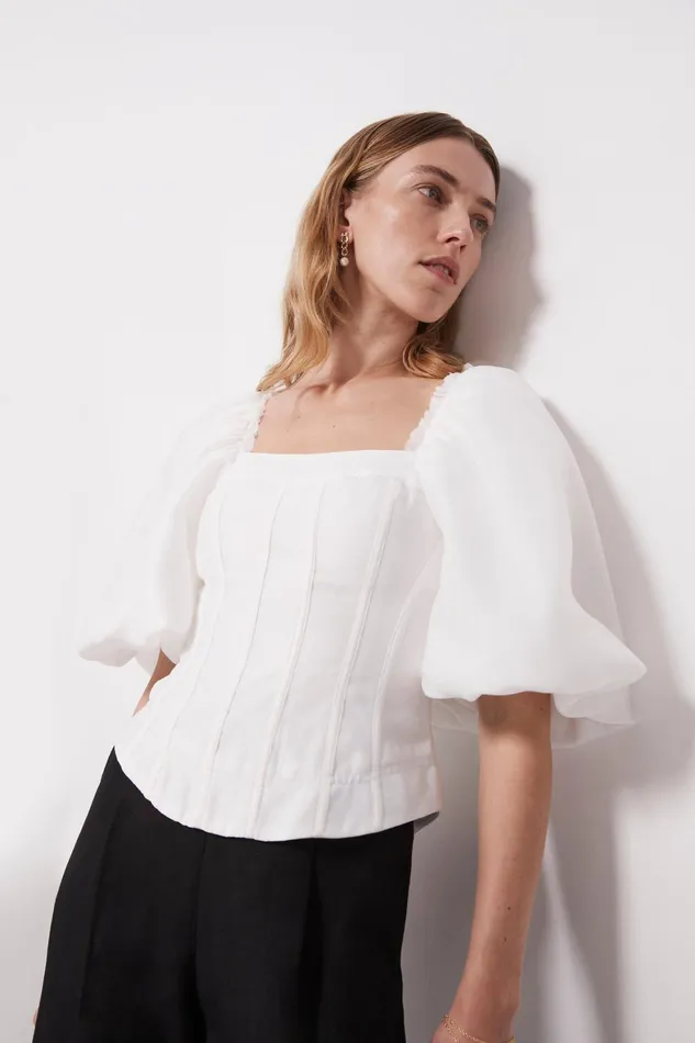 Aje Cecile Puff Sleeve Corset Top Ivory Women Tops