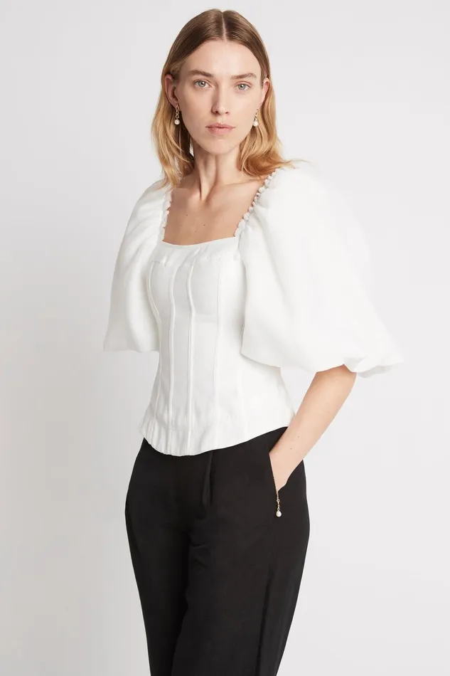 Aje Cecile Puff Sleeve Corset Top Ivory Women Tops