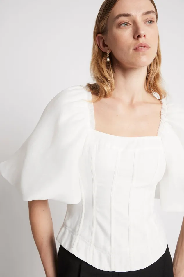 Aje Cecile Puff Sleeve Corset Top Ivory Women Tops
