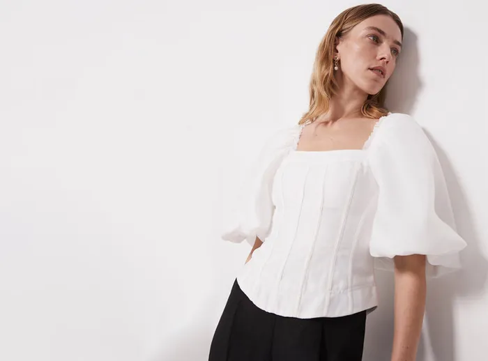 Aje Cecile Puff Sleeve Corset Top Ivory Women Tops