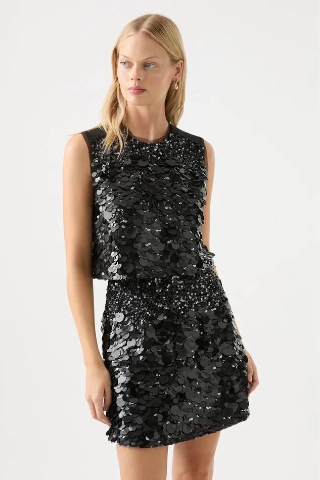 Aje Celeste Sequin Shell Top Black Women Tops