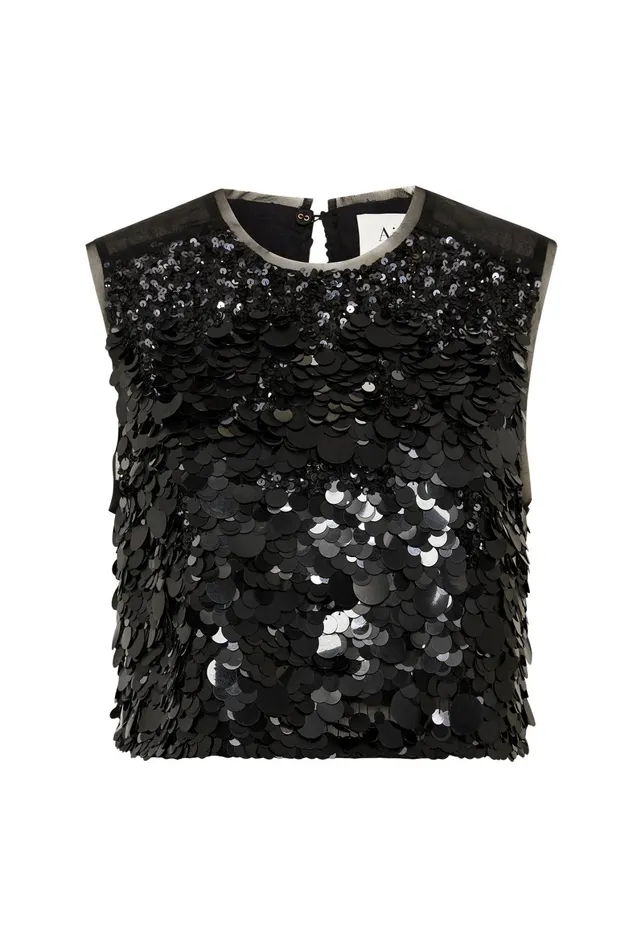 Aje Celeste Sequin Shell Top Black Women Tops