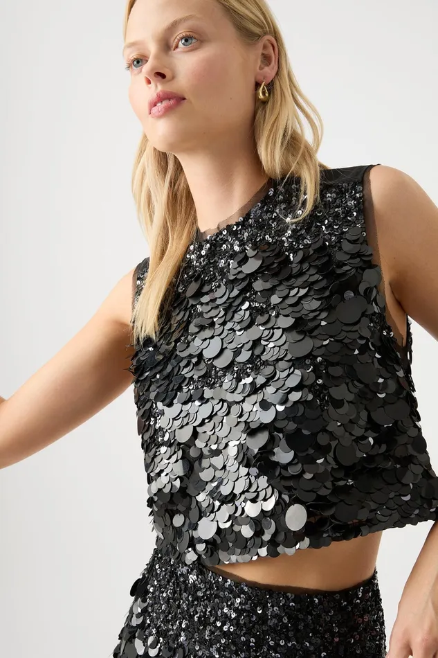 Aje Celeste Sequin Shell Top Black Women Tops