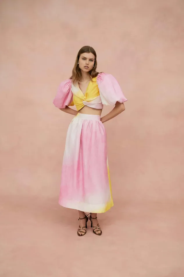 Aje Cloud Burst Midi Skirt Tie Dye Pink Women Skirts