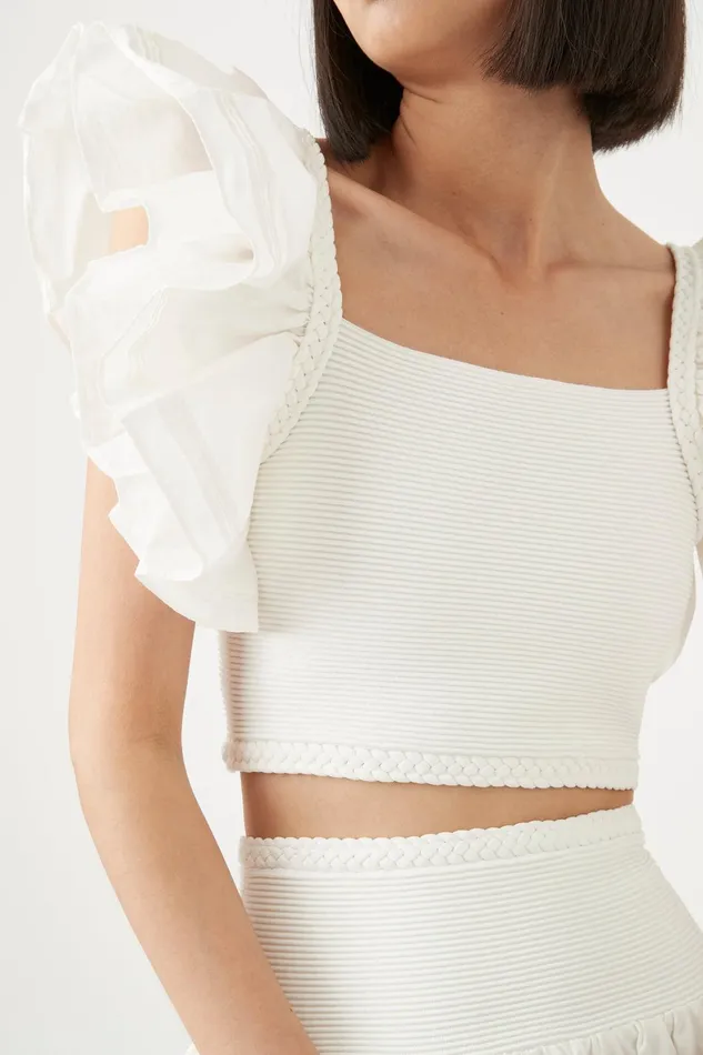 Aje Corinne Knit Bodice Crop Top Ivory Women Tops