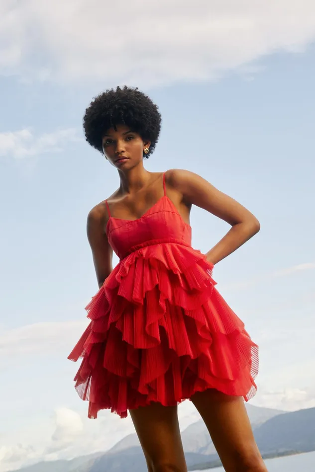 Aje Elsie Pleat Mini Dress Scarlet Red Women Dresses