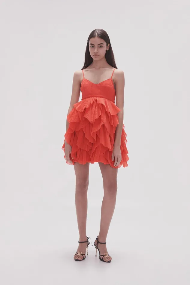 Aje Elsie Pleat Mini Dress Scarlet Red Women Dresses
