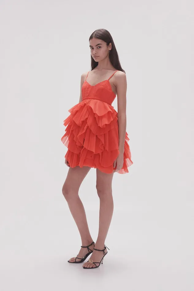 Aje Elsie Pleat Mini Dress Scarlet Red Women Dresses