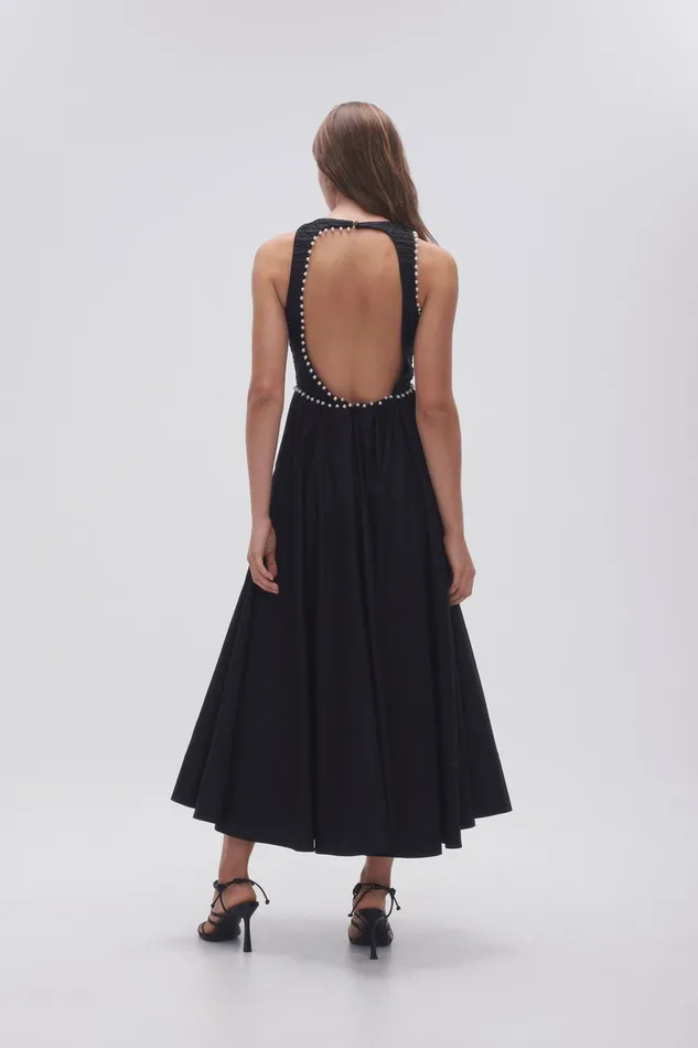 Aje Florence Pearl Trim Midi Dress Black Women Dresses