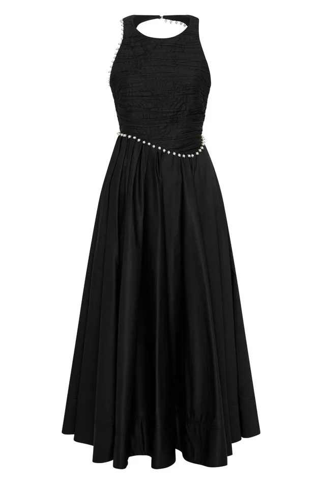 Aje Florence Pearl Trim Midi Dress Black Women Dresses