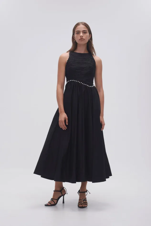 Aje Florence Pearl Trim Midi Dress Black Women Dresses