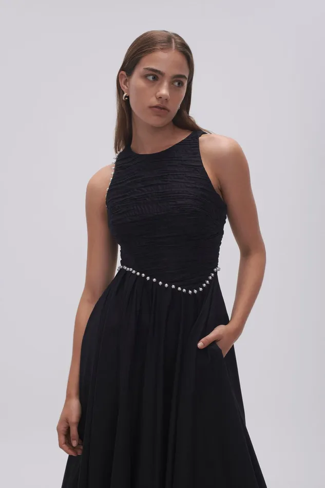 Aje Florence Pearl Trim Midi Dress Black Women Dresses