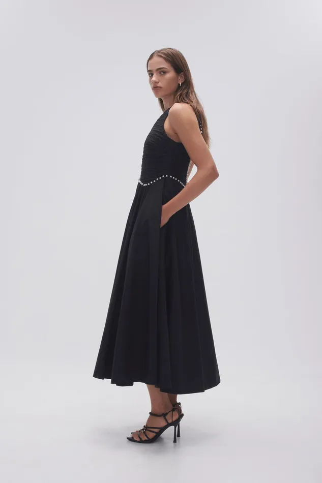 Aje Florence Pearl Trim Midi Dress Black Women Dresses