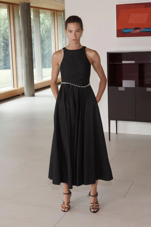 Aje Florence Pearl Trim Midi Dress Black Women Dresses