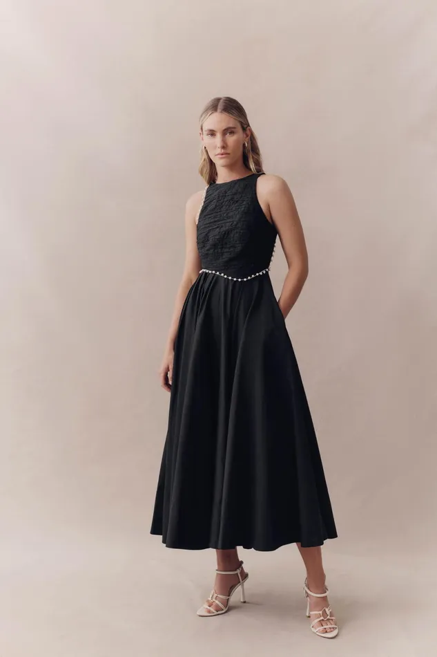 Aje Florence Pearl Trim Midi Dress Black Women Dresses