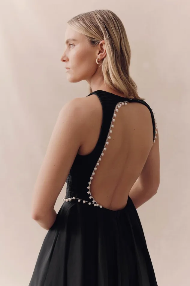 Aje Florence Pearl Trim Midi Dress Black Women Dresses