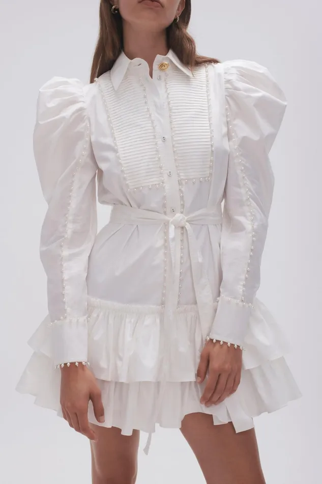 Aje Florence Pearl Trim Mini Dress Ivory Women Dresses