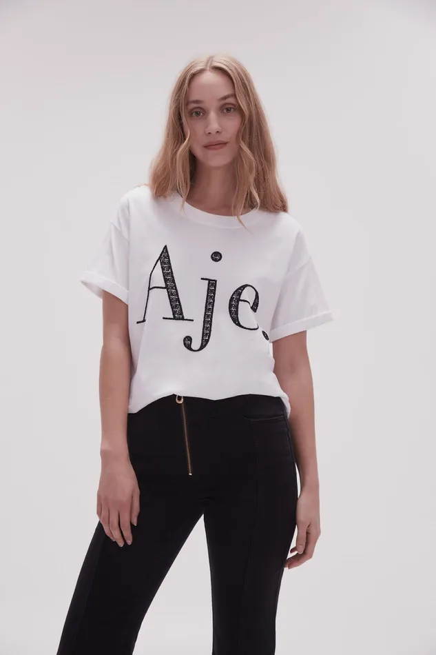 Aje Flossie Embellished Logo Tee Whiteblack Women Tees