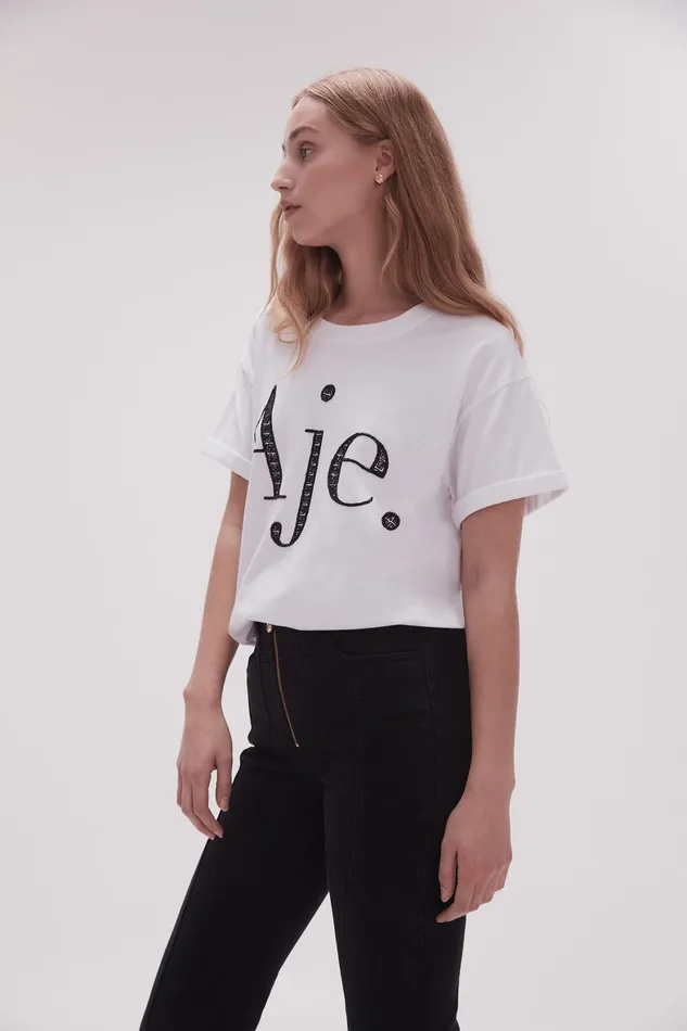 Aje Flossie Embellished Logo Tee Whiteblack Women Tees