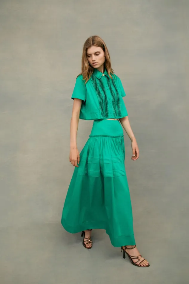 Aje Poised Pleated Midi Skirt Emerald Green Women Skirts
