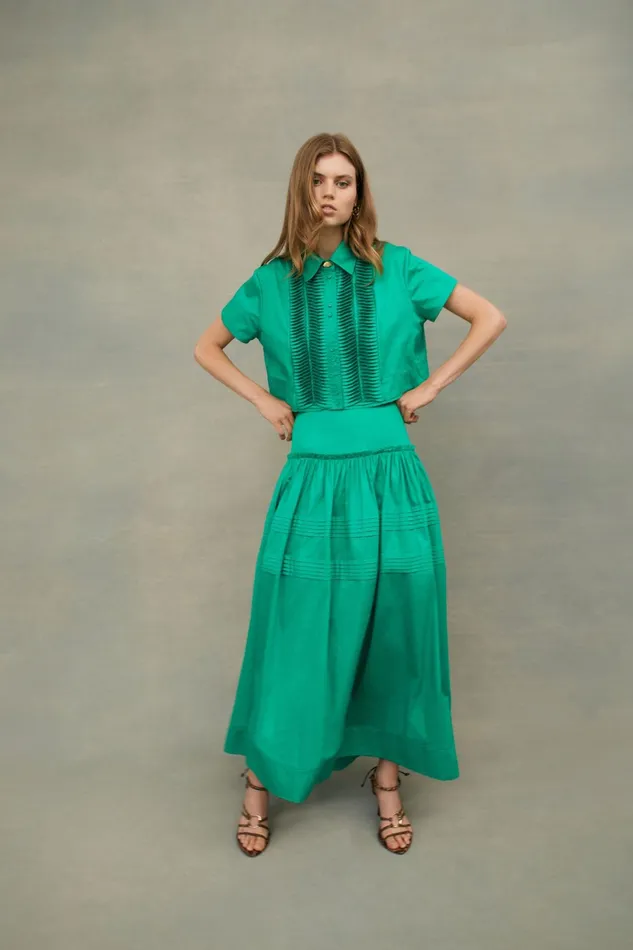 Aje Poised Pleated Midi Skirt Emerald Green Women Skirts