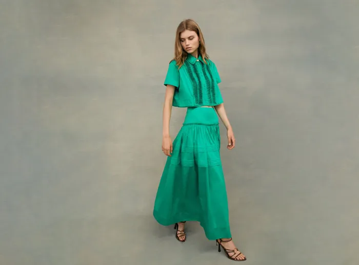 Aje Poised Pleated Midi Skirt Emerald Green Women Skirts