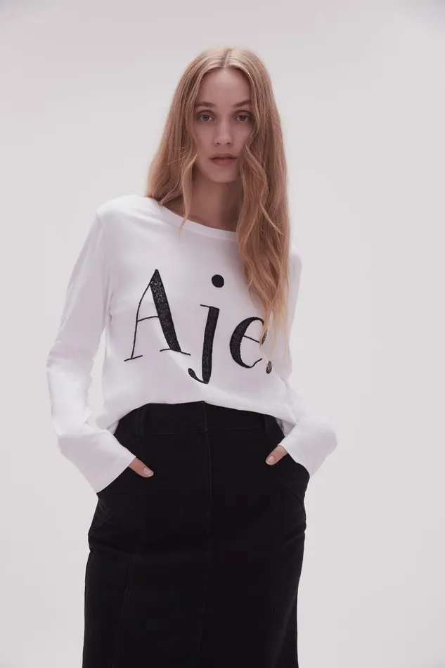 Aje Remi Long Sleeve Logo Tee Whiteblack Logo Women Tees