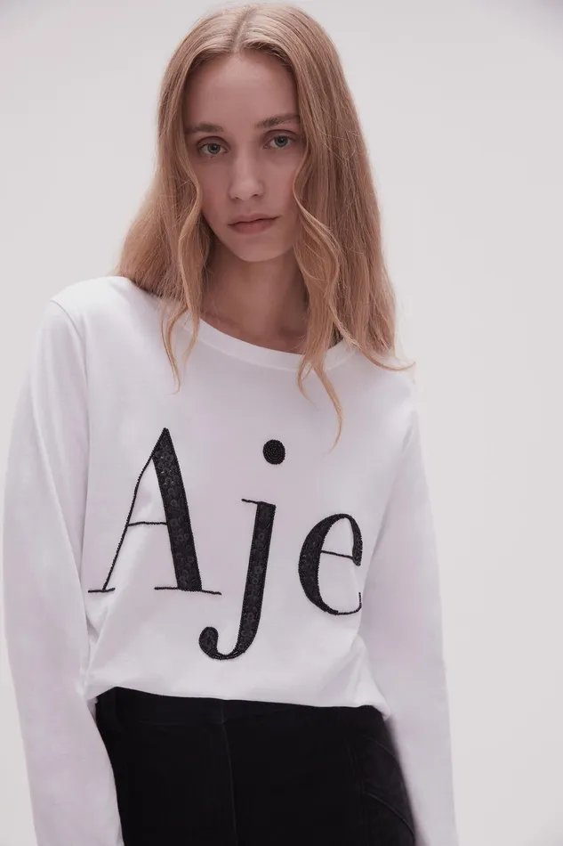 Aje Remi Long Sleeve Logo Tee Whiteblack Logo Women Tees