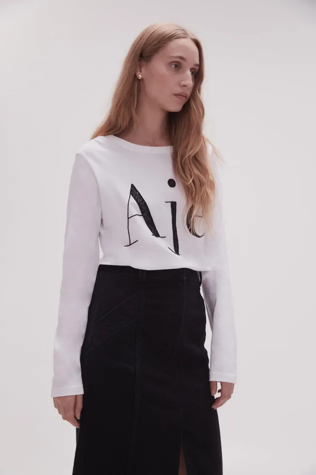 Aje Remi Long Sleeve Logo Tee Whiteblack Logo Women Tees