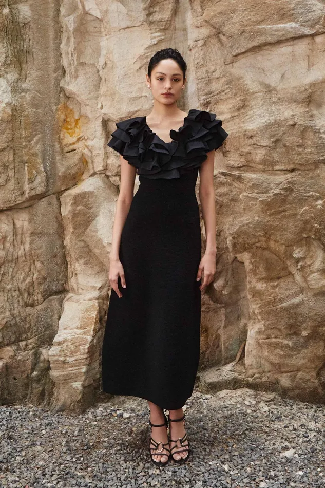 Aje Transcendent Ruffle Midi Dress Black Women Dresses