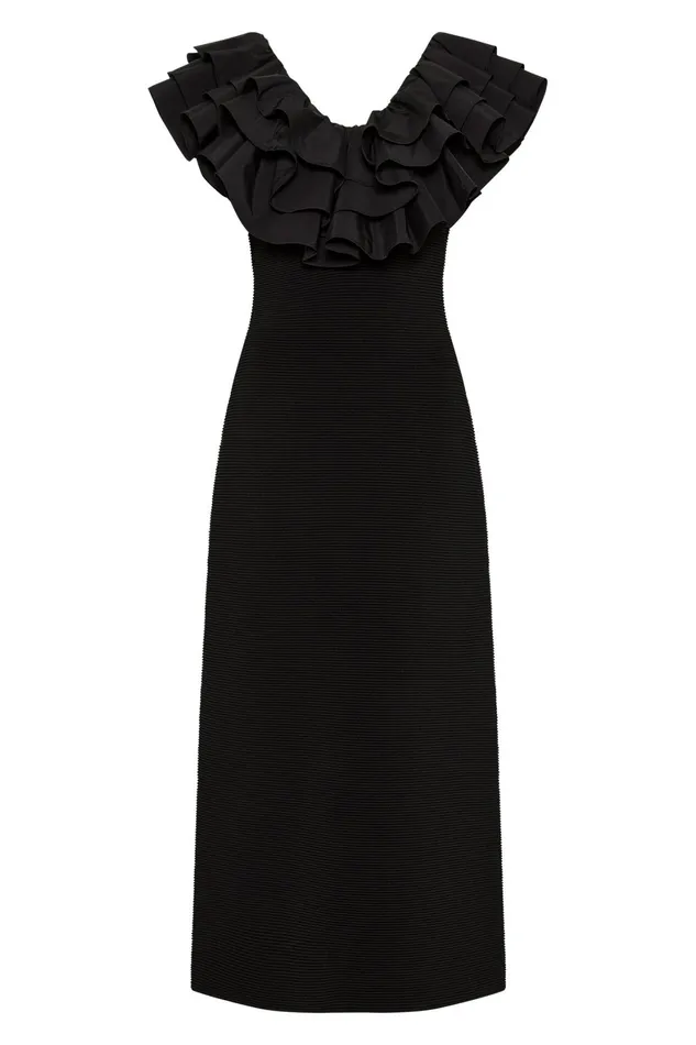 Aje Transcendent Ruffle Midi Dress Black Women Dresses
