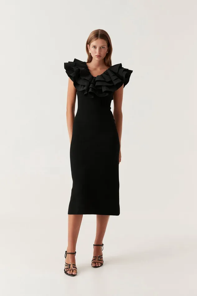 Aje Transcendent Ruffle Midi Dress Black Women Dresses
