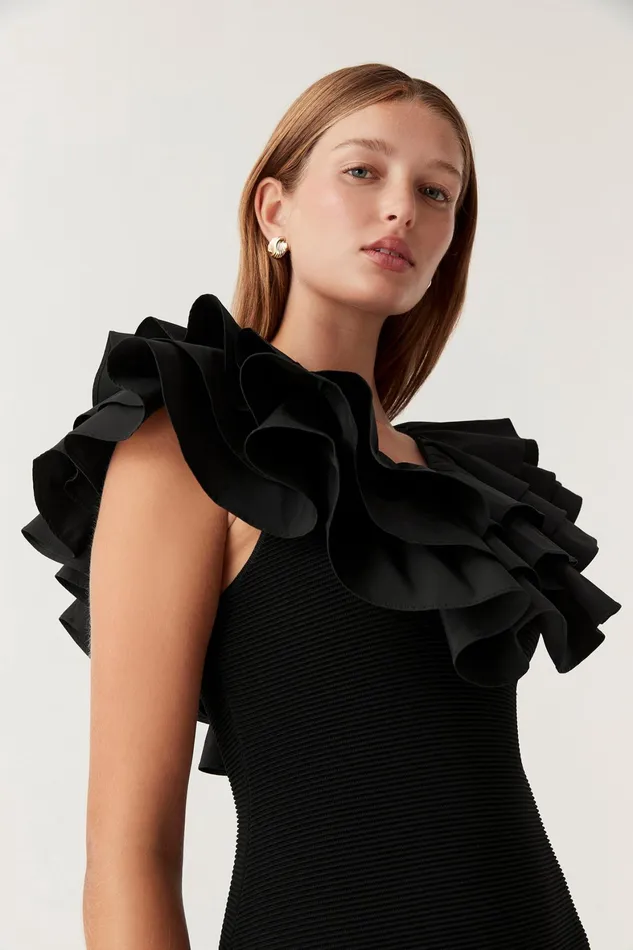 Aje Transcendent Ruffle Midi Dress Black Women Dresses