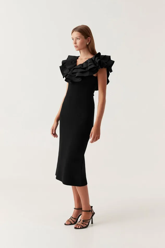 Aje Transcendent Ruffle Midi Dress Black Women Dresses