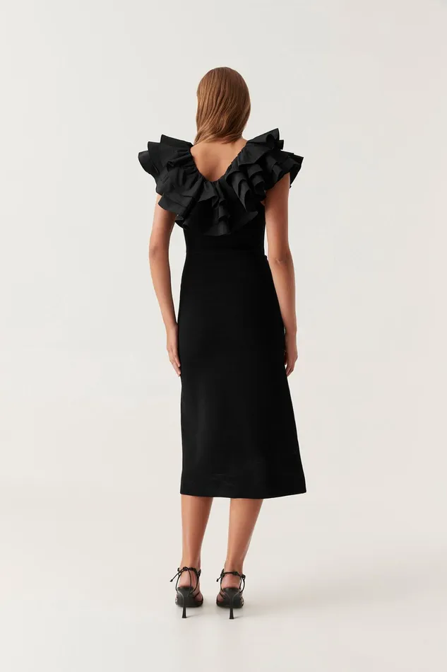 Aje Transcendent Ruffle Midi Dress Black Women Dresses