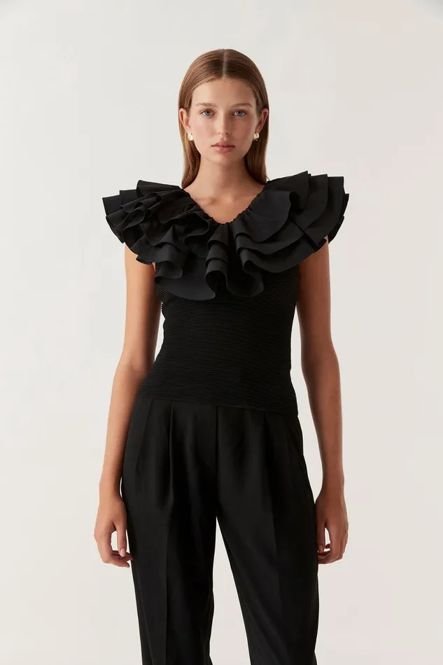 Aje Transcendent Ruffle Top Black Women Tops