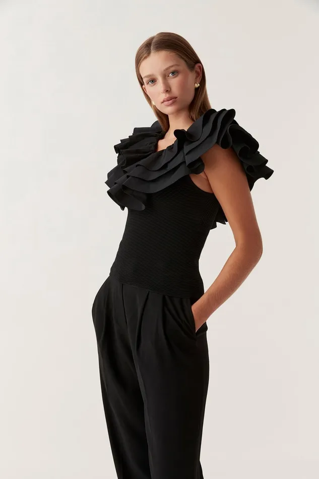 Aje Transcendent Ruffle Top Black Women Tops