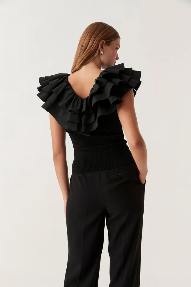Aje Transcendent Ruffle Top Black Women Tops