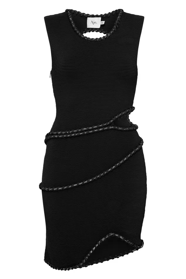 Aje Undulating Cut Out Mini Dress Black Women Body and Crepe Knit
